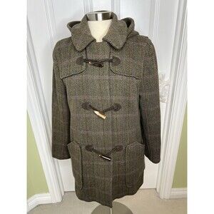 Anne Klein Duffle Coat Wool Herringbone Toggle Brown 12 Classic Preppy Vintage